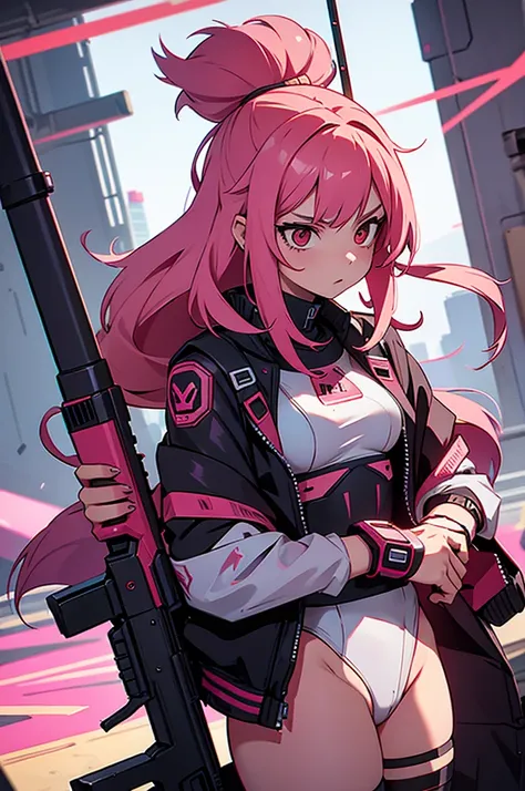 bunny girl, her hair is pink and long, her style is cyberpunk with weapons red around the body 