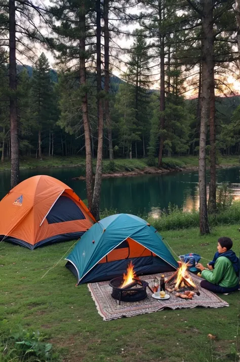 A picnic by the lakeside, with tents and a campfire in the center. Forest animals in modern clothing are gathered around the campfire.