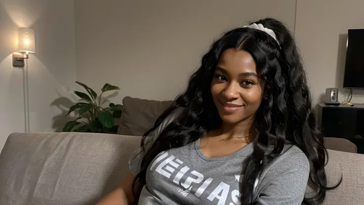 a selfie of a 45 years old black woman black youtuber , sitting on a couch i, n her luxury gamer room , with a shirt on and a smile,  wearing a sexy cropped top, long afro hair, a woman with a tiger headband on , is smiling and wearing a sexy gray shirt hu...