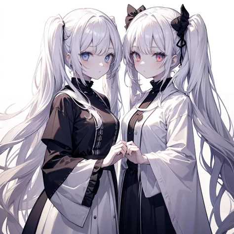 Two girls, red eyes and beige hair, blue eyes and white hair, twin tails, long hair, monochrome gothic fashion, white background, water and fire magic