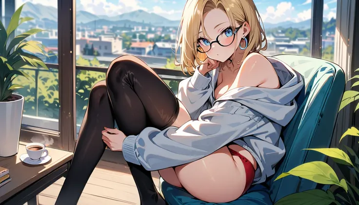 (masterpiece, best quality:1.2), solo, Android 18 from Dragon Ball, ((light gray hooded sweatshirt, Oversized hooded sweatshirt, long sleeve, black thin thigh highs, knees up, beautiful butt, thighs, red silky panties)), small breasts, blonde hair, (single...