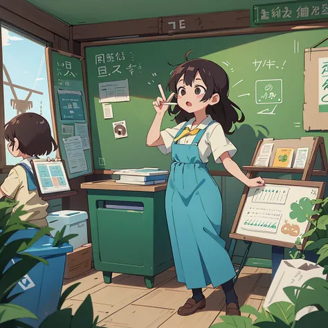 Anime drawing of a teacher explaining in class to the students about the presentation of the different solid waste containers. (organic, inorganic, hazardous).