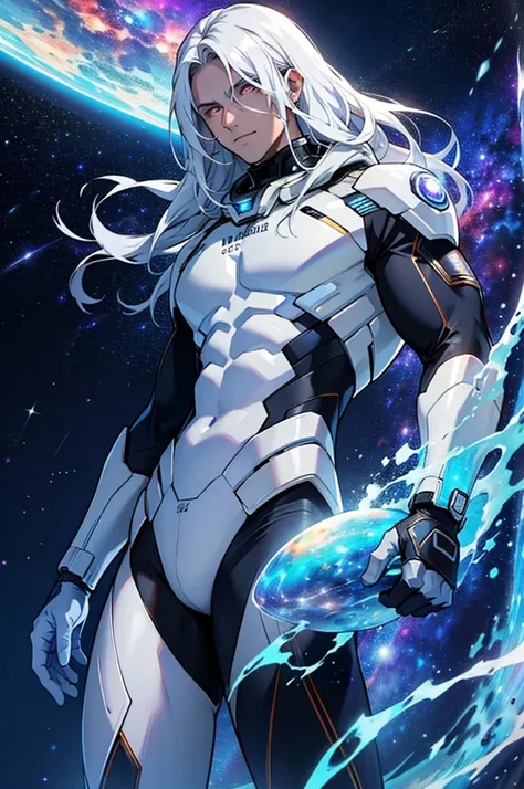 male, masculine, Galaxy theme suit, white glowing eyes, galactic body, space background, body made of stars, long hair, shirtless, cosmic entity, alien