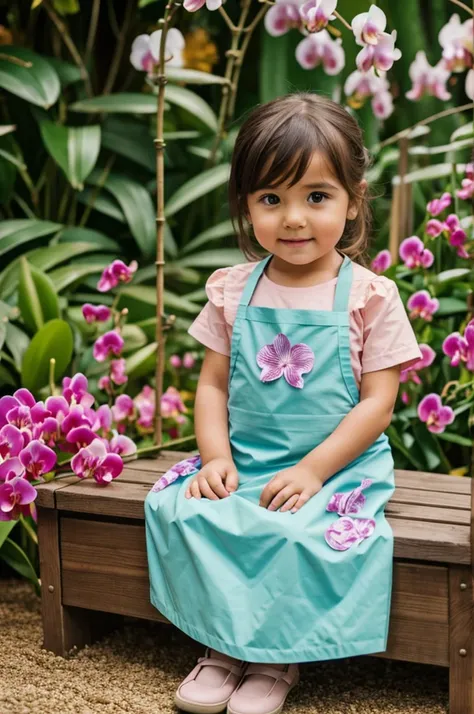 A three-year-old brown-haired girl with an apron in a garden of orchids and roses sitting 