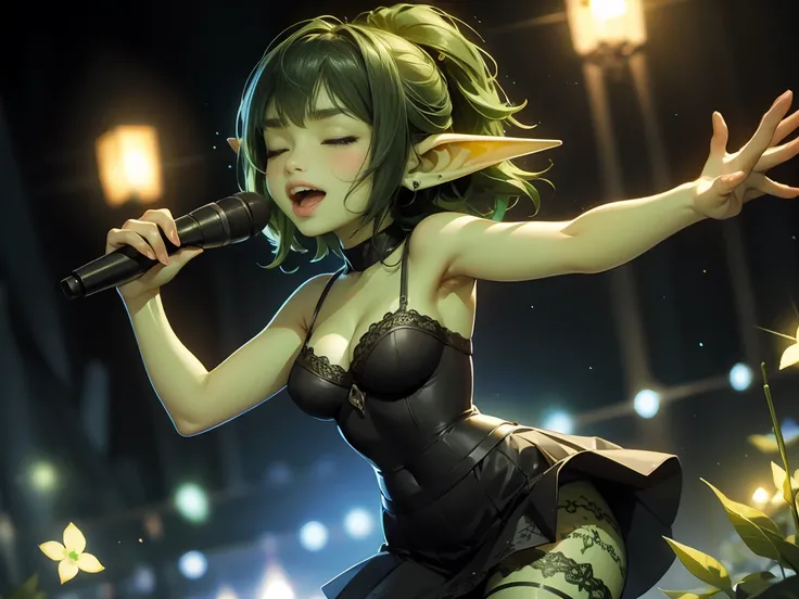 ((best quality)), ((masterpiece)), (detailed), perfect face, ((green skin)), pointy ears, tiny breasts, wearing black rimmed glasses, short dark hair, wearing tiny lace black bra and short black skirt and black pantyhose and back pumps, visible midriff, (n...