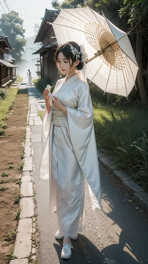 A bride wearing a pure white kimono bride costume, wearing a white simple fox mask on her face, raining, rural rice fields, walking on the path, looking down a little, there is a person with a big umbrella next to the bride, a person with a lantern is marc...