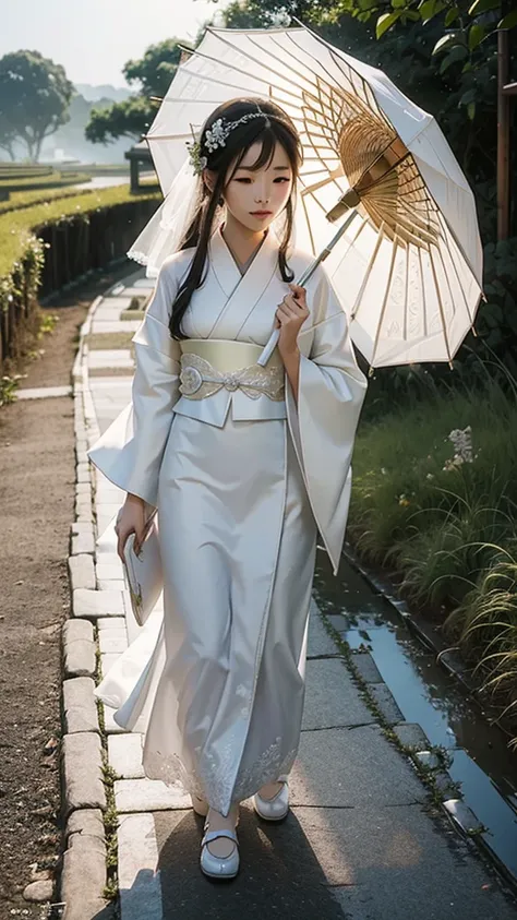 A bride wearing a pure white kimono bride costume, wearing a white simple fox mask on her face, raining, rural rice fields, walking on the path, looking down a little, there is a person with a big umbrella next to the bride, a person with a lantern is marc...