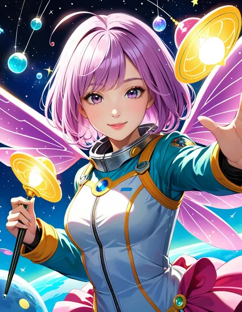 dynamic angle, (close up face), smile, UFO Magical Girl paints a futuristic world where science and magic intertwine. The girl, dressed in a spacesuit-style dress, holds a glowing magic wand. Around her, colorful UFOs fly around, each one moving with her m...