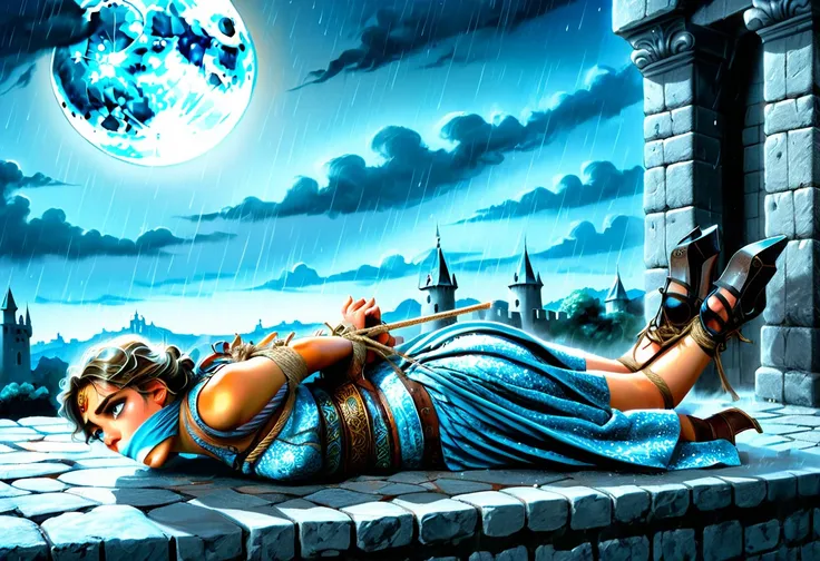 Graphics novel illustration, best quality, high resolution, 8k aesthetic, mesmerizing celestial moonlight, Over the walls of a large castle. A beautiful young woman in a short (Armored Dress), hogtied&gagged, ((laying on stomach)), short skirt, feet bound,...