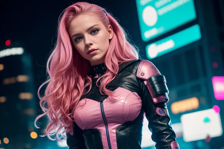 Angela is a beautiful 19 year old woman., long, wavy, pink hair, detailed blue eyes, detailed face, camera ready, highly detailed leather, strong compact body, (medium cup size), wearing a cyberpunk dress with many details , Pink colour, futuristic cyberpu...