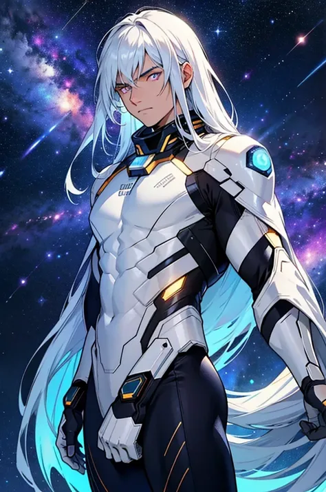 male, masculine, Galaxy theme suit, white glowing eyes, galactic body, space background, body made of stars, long hair, shirtless, cosmic entity, celestial, stellar appearance