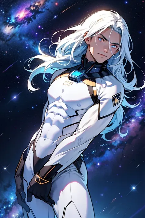 male, masculine, Galaxy theme suit, white glowing eyes, galactic body, space background, body made of stars, long hair, shirtless, cosmic entity, celestial, stellar appearance