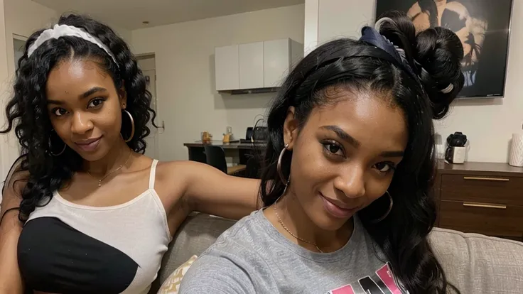 a selfie of a 35 years old black woman black youtuber , sitting in her livingroom,   wearing a sexy cropped top, long afro hair, a woman with a tiger headband on , is smiling and wearing a sexy gray shirt huge tits, wig, wearing a headband,  long black hai...