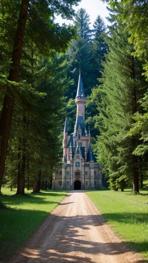 a dirt path surrounded by a forest and trees to a castle so far that you see at the end