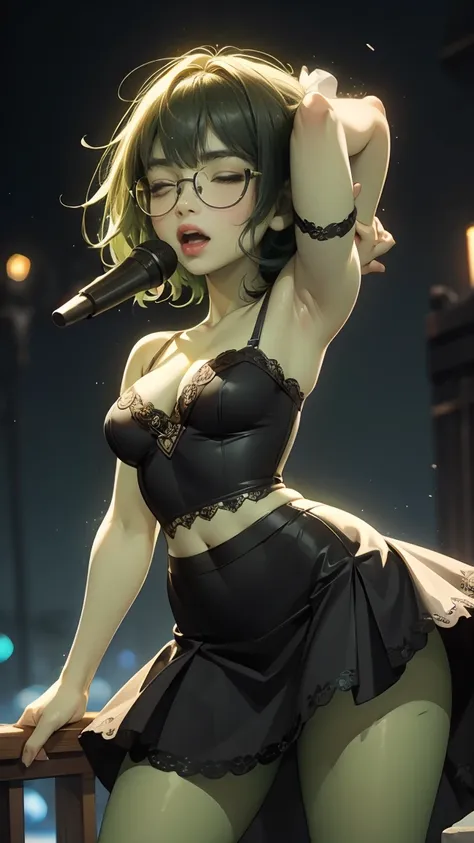 ((best quality)), ((masterpiece)), (detailed), perfect face, ((green skin)), pointy ears, tiny breasts, wearing black rimmed glasses, short dark hair, wearing tiny lace black bra and short black skirt and black pantyhose and back pumps, ((visible midriff))...