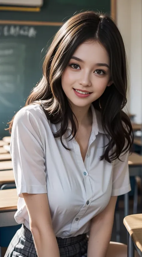 (dasha taran),upper half of body,Big eyes,long straight hair, big breasts,small face,,in the dark,thick body:1.8,huge breasts:1.6,Loose and fluffy curls,lustrous skin,smile,summer school,school classroom,after school,next seat