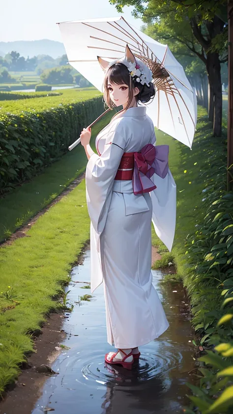 A bride wearing a pure white kimono bride costume, wearing a white simple fox mask on her face, raining, rural rice fields, walking on the path, looking down a little, there is a person with a big umbrella next to the bride, a person with a lantern is marc...