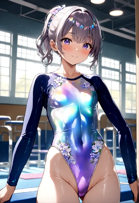 highquality illustration, masterpiece, very delicate and beautiful, attractive girl,(gymnastics leotard, Floral patterns leotard,long sleeve leotard with glittery decoration,high_leg leotard,athletic leotard,tight-fit leotard,iridescent gradient leotard),t...