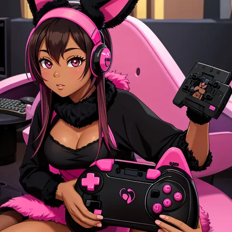 Garota de pele negra, black and medium hair with pink highlights,olhos da cor rosa,with furry pink bunny ears accessories. With a gaming controller in hand