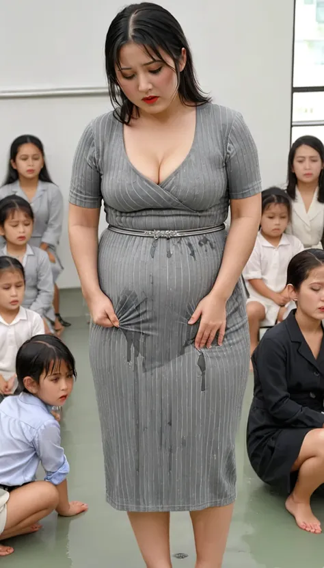 1woman,(masterpiece:1.8),photo-realistic,16k,(beautiful 30s japanese plump lady:1.3), (gray knit pinstripe dress:1.4),belt,slipper,(whimpering:1.6),(panicking:1.6),(crying:1.7),(handing on wetting crotch with both hands:1.2),(classroom:1.2),(crowd kids:1.3...