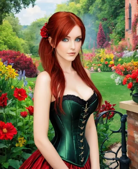 beautiful 20 years old, red hair, green eyes, enormous , black and red corset, the background is a victorian bedroom overlooking...