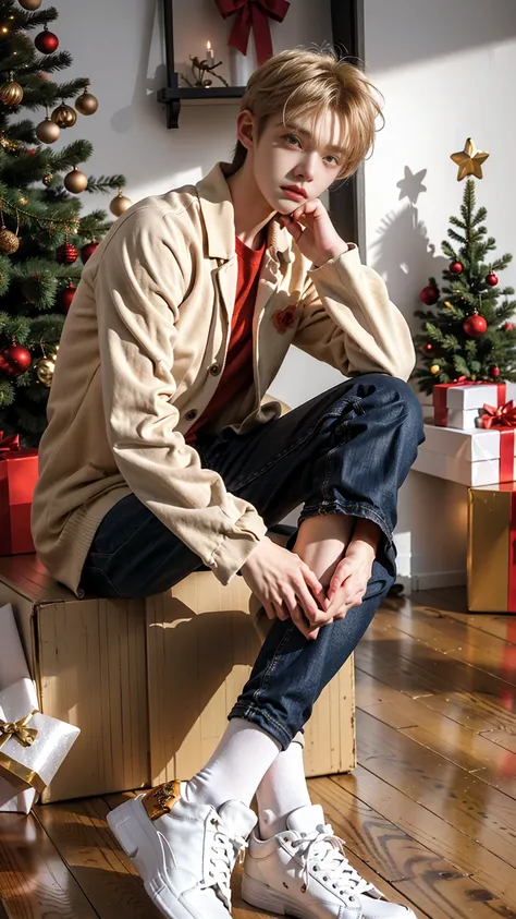 Blond young man, orange eyes, red blazer, floral shirt, blue jeans, red high-top sneakers, sitting on wooden floor, hand resting on cheek, looking pensive, Christmas tree with decorations, gifts, warm festive atmosphere.