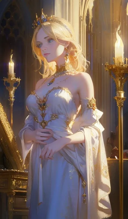 A fantasy empress, delicate face, pale blonde hair, blue eyes, wearing a white royal dress with open shoulders, gold patterns on fabric, crystal jewelry, with a scarlet ribbon over the shoulder displaying the regalia of the monarch, standing in front of a ...