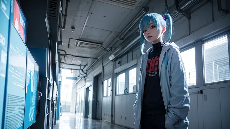 Light blue hair, standing figure, red eyes, cyber clothes, cool, slanted eyes, short pigtails, 1 person