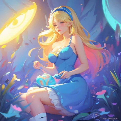 a beautiful 20 year old blonde woman with big messy hair in a blue dress, white stockings, black headband, cleavage, holding a glowing mushroom, fantasy art style, rossdraws cartoon vibrant, alice in wonderland cyberpunk, cute detailed digital art, colorfu...