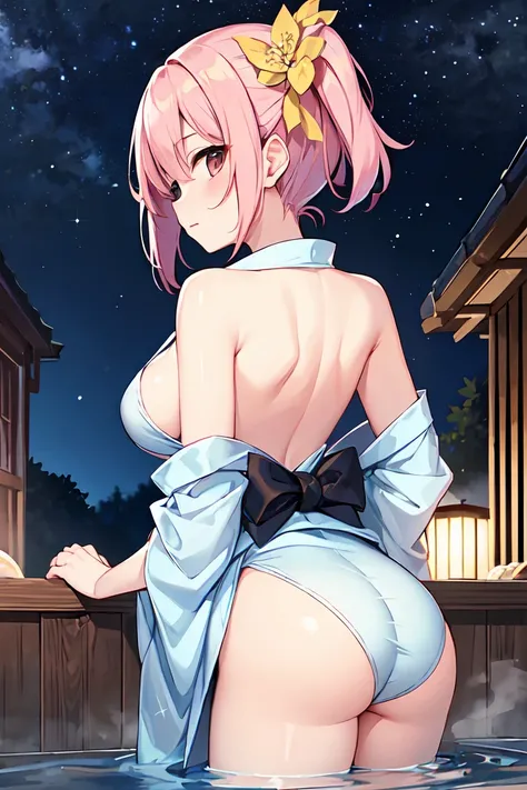 （masterpiece）、(highest quality)、((Super detailed))、(super delicate)、pastel colored hair、Beautiful side breasts、beautiful back、Beautiful butt、yukata、Hot spring at night、fantastic starry sky