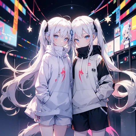 Two girls,
the first one has red eyes and beige hair in twin tails,
the second one has blue eyes and white hair in side tails,
they are both wearing sporty hoodies and shorts in monochrome, colorful on white background, glowing, stars, light, ephemeral,, m...