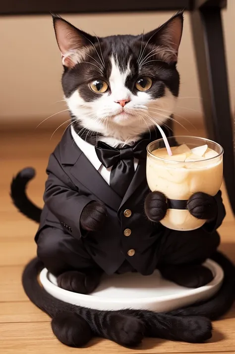 Cute cat drinks in a suit