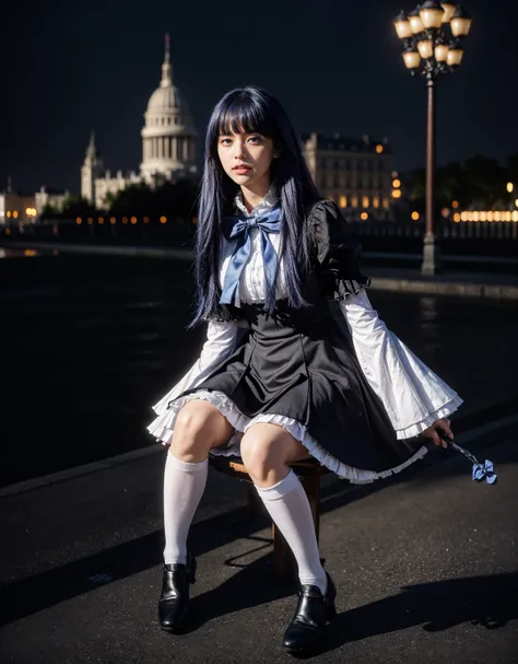 1 chica, full body photography, athletic, strong woman body, slim woman body, bowtie, frills, black dress, puffy sleeves, short over long sleeves, long sleeves, deep-blue hair, long hair, frederica bernkastel, tall woman, amazing legs, realistic natural pu...