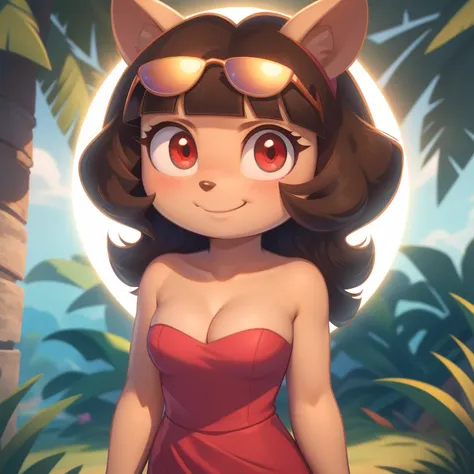 dora the explorer, young adult, strapless tight dress, cleavage, curly hair, halo, sunglasses, jewelry, red eyes, longeyelashes,...