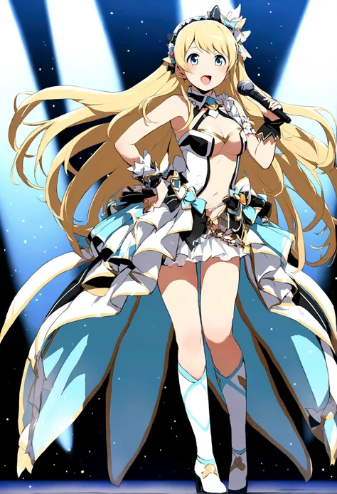 pop idol girl, long flowing blond hair, icy blue eyes, wearing a slightly revealing (mecha themed) pop idol stage costume, full body in frame, standing on stage performing