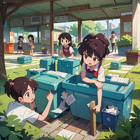 Anime drawing of a group of students and teachers placing solid waste containers in different areas of the school.