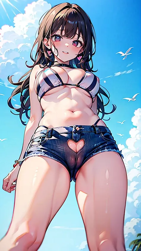 (8K、Highest quality、Highest quality、masterpiece)、Detailed face、2 Girls、(Brown Skin:1.2)、Long Hair、Red Eyes、Grin、(Bikini top Only、BikiniTop、Bikini Top、Black hot jeans shorts、Open Shorts、Unziped shorts、Mini jeans Shorts、No Panties、NoPanties、Suggestive pose、S...