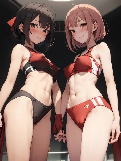 (nsfw:1.3),((2 girls,10yo)), (Blushing:1.4), (silk highleg small tight sports bikinis red white and black color), evil Smile, Cowboy Shot, Slim body, large breast, Full Body, (erect nipples,cameltoe:1.2)