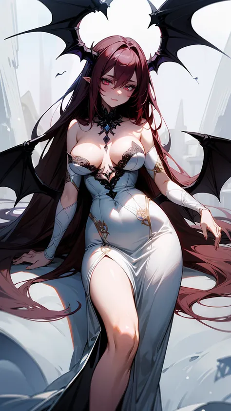 Create an illustration of an enchanting demoness with long, flowing dark hair and captivating eyes. She has elegant, curved black horns and large, bat-like wings. Her attire is a stunning, intricate white gown with lace details, showcasing her graceful and...