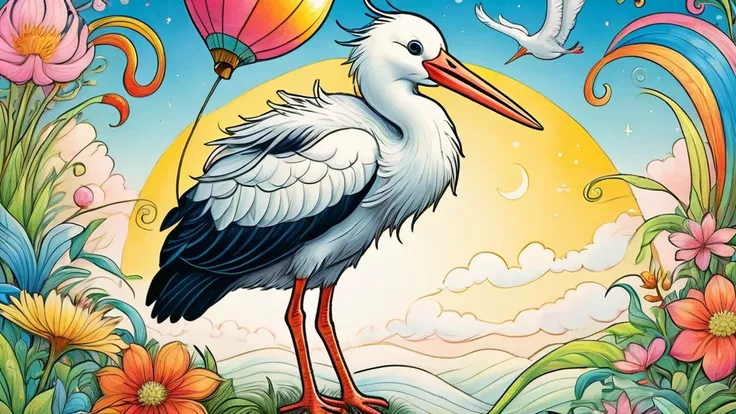 ((Close-up of a large stork in the center))、looks happy,An illustration,pop,colorfulに,draw with thick lines,color,、Happy dreams,Warm and full of happiness,,colorful,Fancy,Fantasy,,Detailed explanation,fluffy,Randolph Caldecott Style