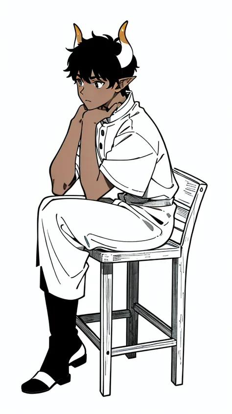 (1boy,15 years old,solo),((dark skin)),rural outfit,short hair,black hair,elf ears,(horns),(white background,line drawing),sitting,from side, looking away,boredom,full body,hand_on_own_face, head_rest, hand_on_own_cheek