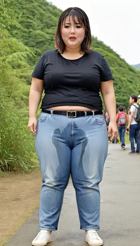 1woman,(masterpiece:1.8),photo-realistic,16k,(beautiful 30s japanese plump lady:1.3), (t-shirts:1.4),(denim pants:1.1),belt,sneaker,(whimpering:1.6),(panicking:1.6),(crying:1.7),(handing on wetting crotch with both hands:1.2),(camp site:1.2),(crowd kids:1....