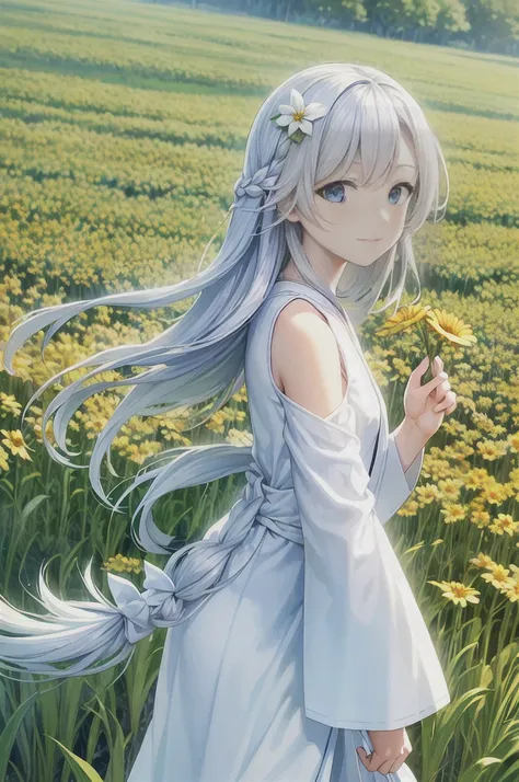 masterpiece, Highest quality, Ultra-high resolution, detailed illustration, Portraiture, detailed, A girl standing in a wheat field, alone, Long Hair, dress, flower, White Hanfu, smile, whole body, white flower, Bare shoulders, very Long Hair, Aqua Hair, M...