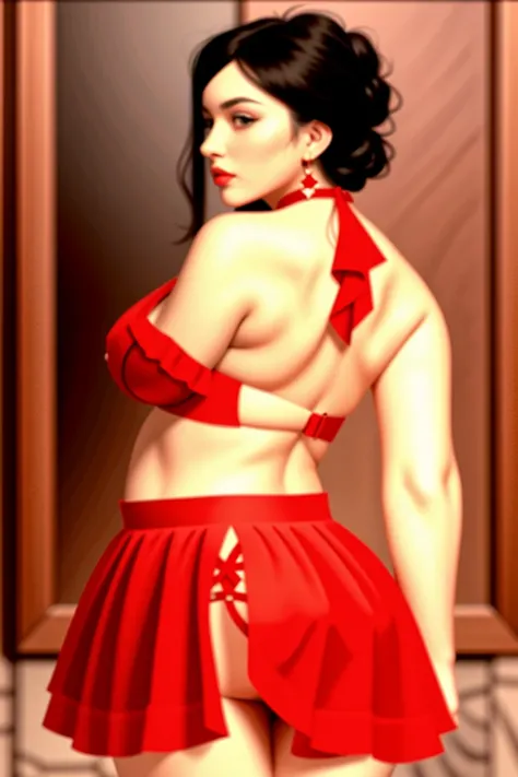 1 woman, wide, realist, Masterpiece, very detailed skin, looking at the viewer, Exterior view, Alone, full body shot red cross_halter, gloves, Fair_back, earrings, belly button, ruffled miniskirt, Thighs