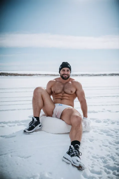 1 stocky shirtless Russian gay is standing with his legs and thighs opened and spread in the snow with wide landscape of snowfield , 1 man only, no other people, iceblocks and icelake and snow scene, he is wearing white fur gloves, fur woolen hat to cover ...