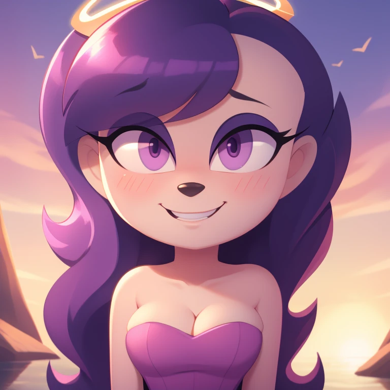 Trixie Tang, young adult, strapless tight dress, cleavage, curly hair, halo, sunglasses, jewelry, purple eyes, longeyelashes, purple eyes, smile, shy, blush, high detail, masterpiece, UHD, anatomically correct, super detail, highres, 4K