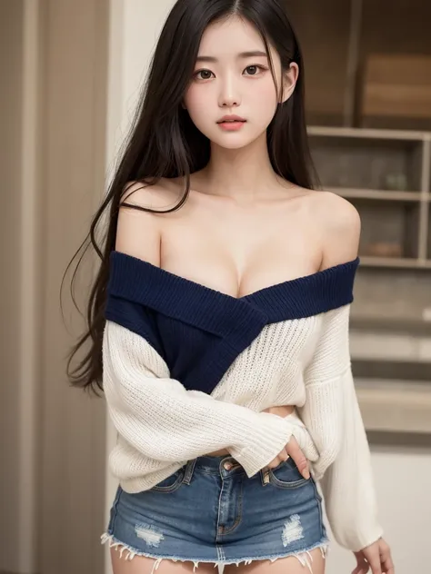 16K、One 18-year-old Japanese woman、Pure white off-the-shoulder knit long sweater、Plain navy denim mini skirt、Naked shoulders、bare clavicle、Deep cleavage、A very beautiful, cute and symmetrical small face、Beautiful, large, firm breasts that don&#39;t sag、Sup...