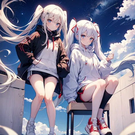 Two girls, red eyes and beige hair, blue eyes and white hair, twin tails, long hair, ribbons in hair, sporty clothes with large hoodies, shorts, sneakers, white background, stars