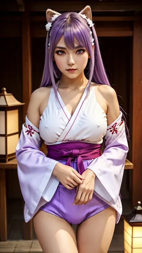 (best quality:1.4), highres, masterpiece,, 1girl,, light purple hair, purple eyes, (kemomimi), medium breasts, bare slim thigh,, hair ornament, (red|white Japanese miko clothes), detached sleeves,, blush,, lantern, shrine,, detailed face,