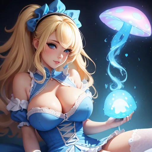 a beautiful 20 year old blonde woman with big messy hair in a blue dress, white stockings, black headband, cleavage, holding a glowing mushroom, fantasy art style, rossdraws cartoon vibrant, alice in wonderland cyberpunk, cute detailed digital art, colorfu...